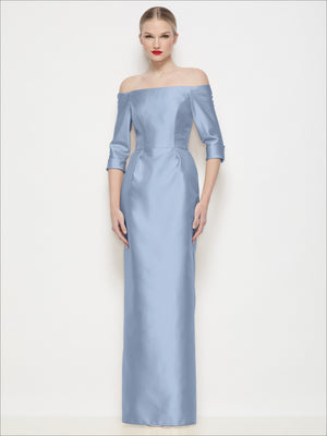 Light blue off-the-shoulder satin column maxi dress with front neckline and 3/4 sleeves