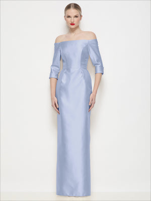 Off-shoulder 3/4 sleeve satin maxi dress in light blue, fitted column silhouette