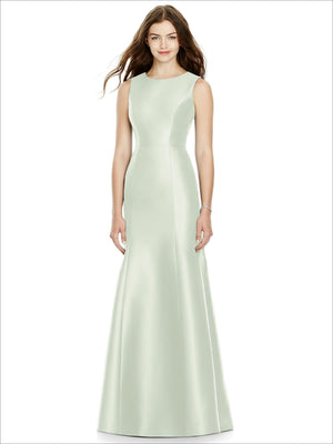 Satin bridesmaid dress in pale mint green, sleeveless high neckline, A-line skirt