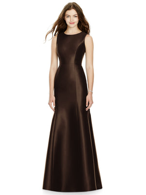 Espresso brown satin bridesmaid dress with sleeveless fit-and-flare silhouette, scoop neckline