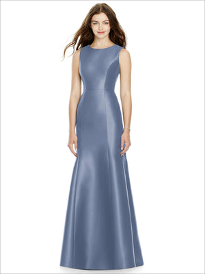 Blue satin bridesmaid dress with sleeveless fit-and-flare silhouette, scoop neckline