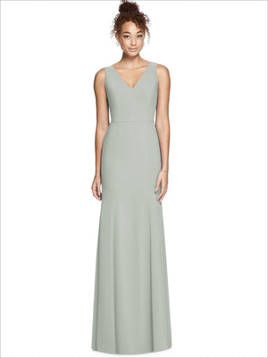 Sage green sleeveless V-neck bridesmaids maxi dress with fitted bodice and flowy skirt