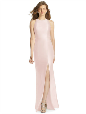 Bridesmaid dress in blush pink, sleeveless high neck, front slit, floor-length