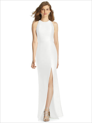 Sleeveless bridesmaid dress in white satin with high neckline, front slit and floor length