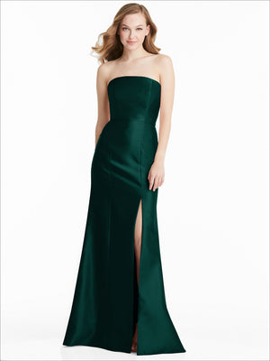 Deep green strapless satin bridesmaid dress with front slit