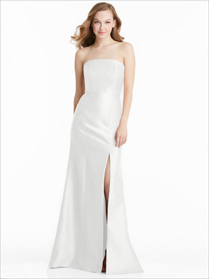Strapless bridesmaid dress in white satin with front slit and straight neckline