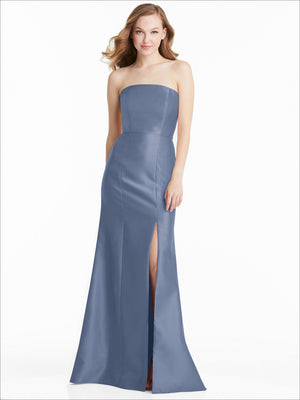 Dusty blue strapless formal bridesmaid dress with fitted bodice and side slit, floor length