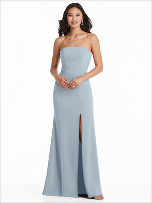 Powder blue strapless bridesmaid dress with fitted bodice and front slit, long hem