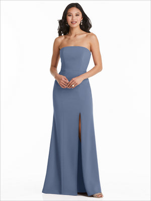 Strapless bridesmaids dress BB134 in periwinkle blue, front slit maxi