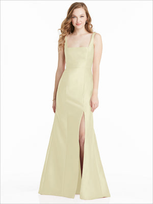 Pale yellow satin bridesmaid dress with square neckline, sleeveless, front slit
