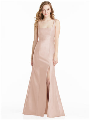 Blush satin bridesmaids dress with square neckline and front slit, long trumpet skirt