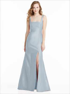 Light blue satin bridesmaid dress, front view, square neckline, sleeveless, flowing skirt with slit
