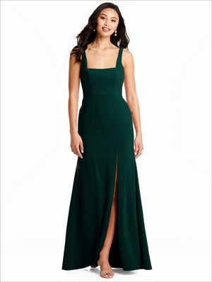 Dark green bridesmaid gown with square neckline, fitted bodice, and front slit skirt