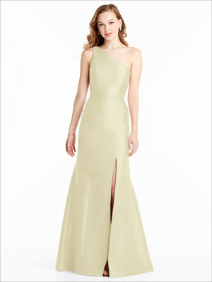 One-shoulder satin bridesmaid dress, pale yellow with front slit