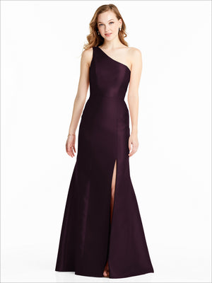 Burgundy one-shoulder long bridesmaid dress with fitted bodice and center slit