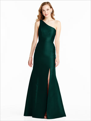 One-shoulder satin bridesmaid dress in deep green, straight silhouette with front slit detail.