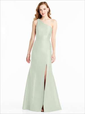 Light mint green one-shoulder satin bridesmaid dress with fitted bodice and side slit