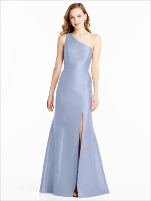 Periwinkle one-shoulder floor-length bridesmaid dress with front slit