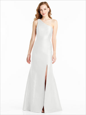 Ivory one-shoulder satin bridesmaid dress with front slit detail and long hem