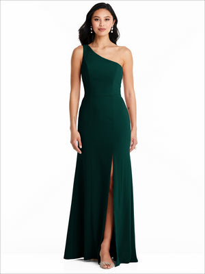 One-shoulder dark green bridesmaid dress with fitted bodice and floor-length slit skirt