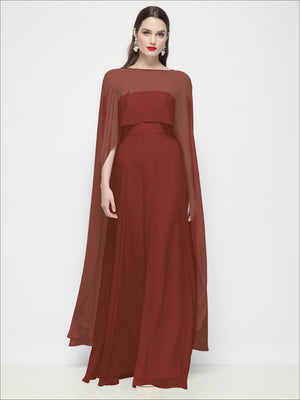 Sheer chiffon cape in rust red with high-low draped hem and soft drape