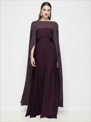 Deep plum sheer chiffon cape with wide drape sleeves and high-low overlay over dress