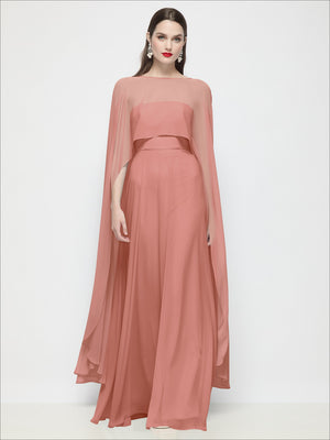 High-low sheer chiffon cape in dusty rose, flowing front drape with wide sleeves.