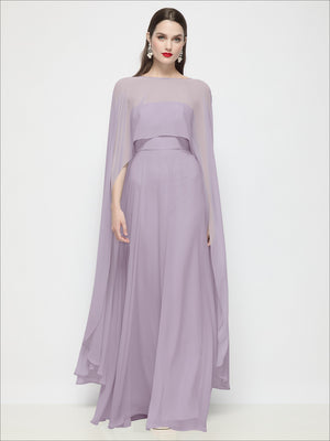 Dusty rose sheer chiffon cape with high-low hem and long sleeves