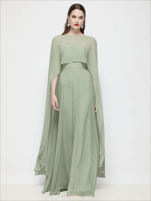 Sheer chiffon cape in sage green, full front view with layered high-low chiffon drape