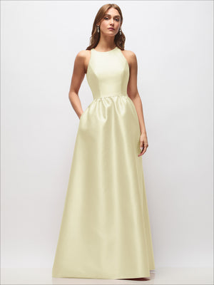 Lemon satin maxi dress, sleeveless with ruched waist and full skirt
