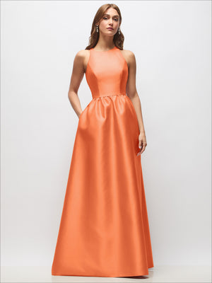 Sleeveless satin maxi dress in orange with gathered waist skirt