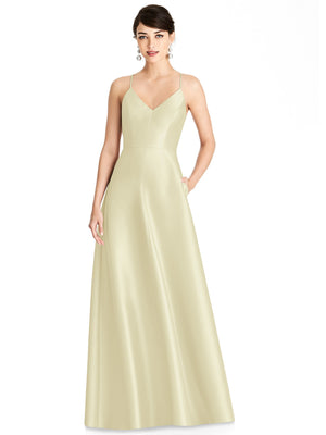 Champagne gold V-neck satin maxi dress with thin straps and full A-line skirt