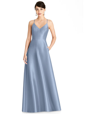 Blue satin V-neck maxi dress with thin straps and full A-line skirt