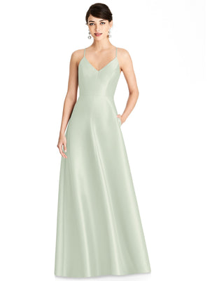 Satin maxi dress with V-neck and spaghetti straps, full skirt; pale mint green.