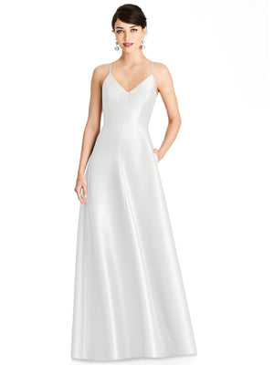 White satin V-neck maxi dress with thin spaghetti straps and full A-line skirt
