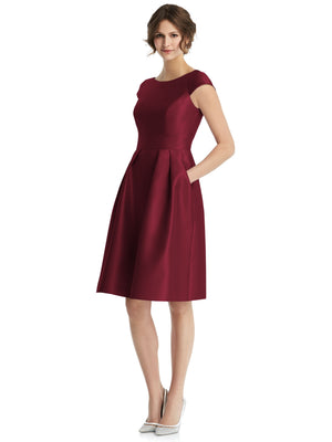 Cap-sleeve pleated cocktail dress in burgundy, V-neck with flared skirt