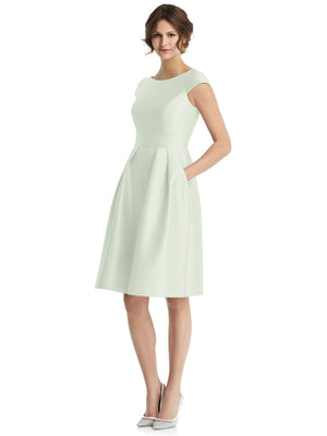 Cap-sleeve pleated cocktail dress with V-neck, gathered skirt, knee length, light green.