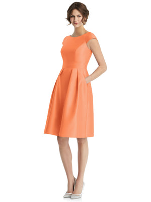 Cap-sleeve pleated cocktail dress with V-neck, fitted bodice, flared skirt in coral orange