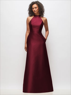 Burgundy satin high-neck sleeveless dress with fitted bodice and A-line skirt