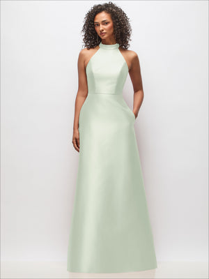Mint green satin high-neck cutout dress with sleeveless bodice and fitted waist