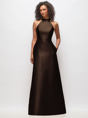 Dark satin high-neck sleeveless midi dress with front cutout detail