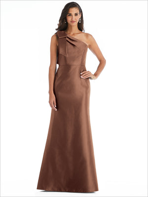 Chocolate-brown one-shoulder satin trumpet gown with draped bow detail on the shoulder.