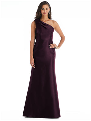 One-shoulder satin trumpet gown in burgundy with asymmetrical bow shoulder detail