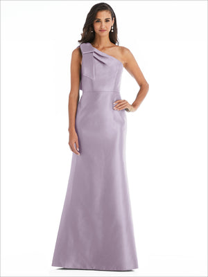 Lavender satin one-shoulder trumpet gown with draped bow detail