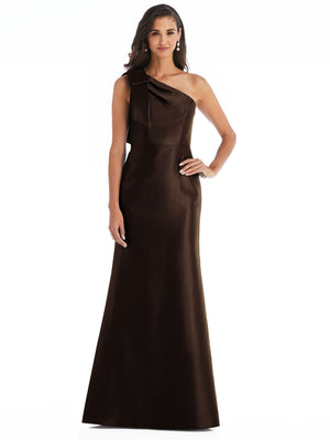 One-shoulder satin trumpet gown in dark brown with draped bow at one shoulder