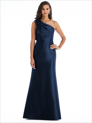 Navy satin one-shoulder trumpet gown with diagonal bow detail and sleek fit