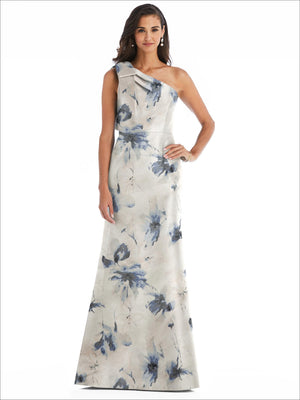 White base floral one-shoulder satin trumpet gown with tied shoulder bow