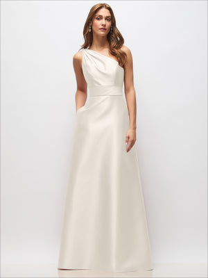 One-shoulder satin maxi dress with draped waist, white, sleeveless, with pockets