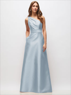 Light blue one-shoulder satin maxi dress with draped waist detail