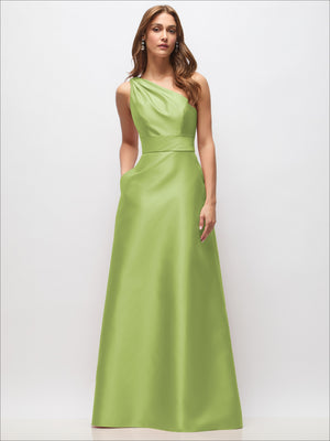 Light green satin one-shoulder maxi dress with draped bodice and smooth skirt